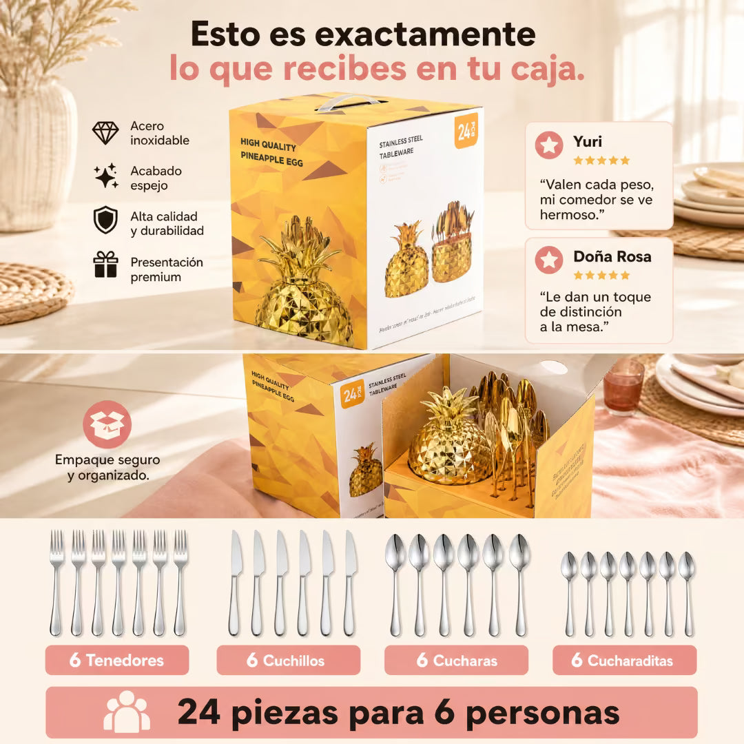 Set Piña 24 Piezas Acero Inoxidable: se acabaron los cubiertos desordenados.
